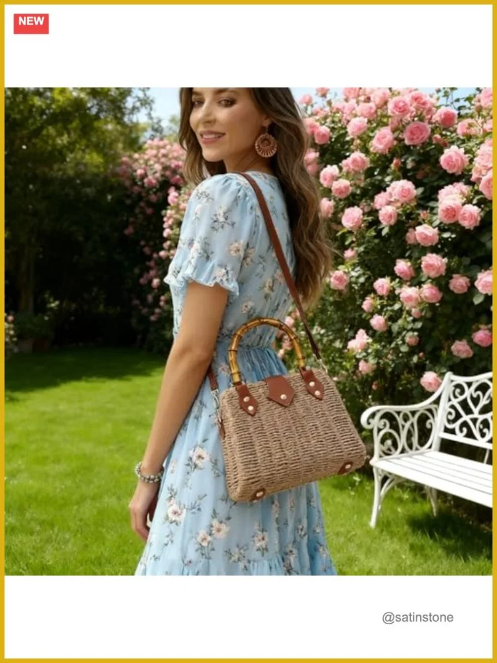 Handwoven Straw Crossbody Bag Summer Boho Beach Purse With Magnetic Closure - Picture 3 of 7
